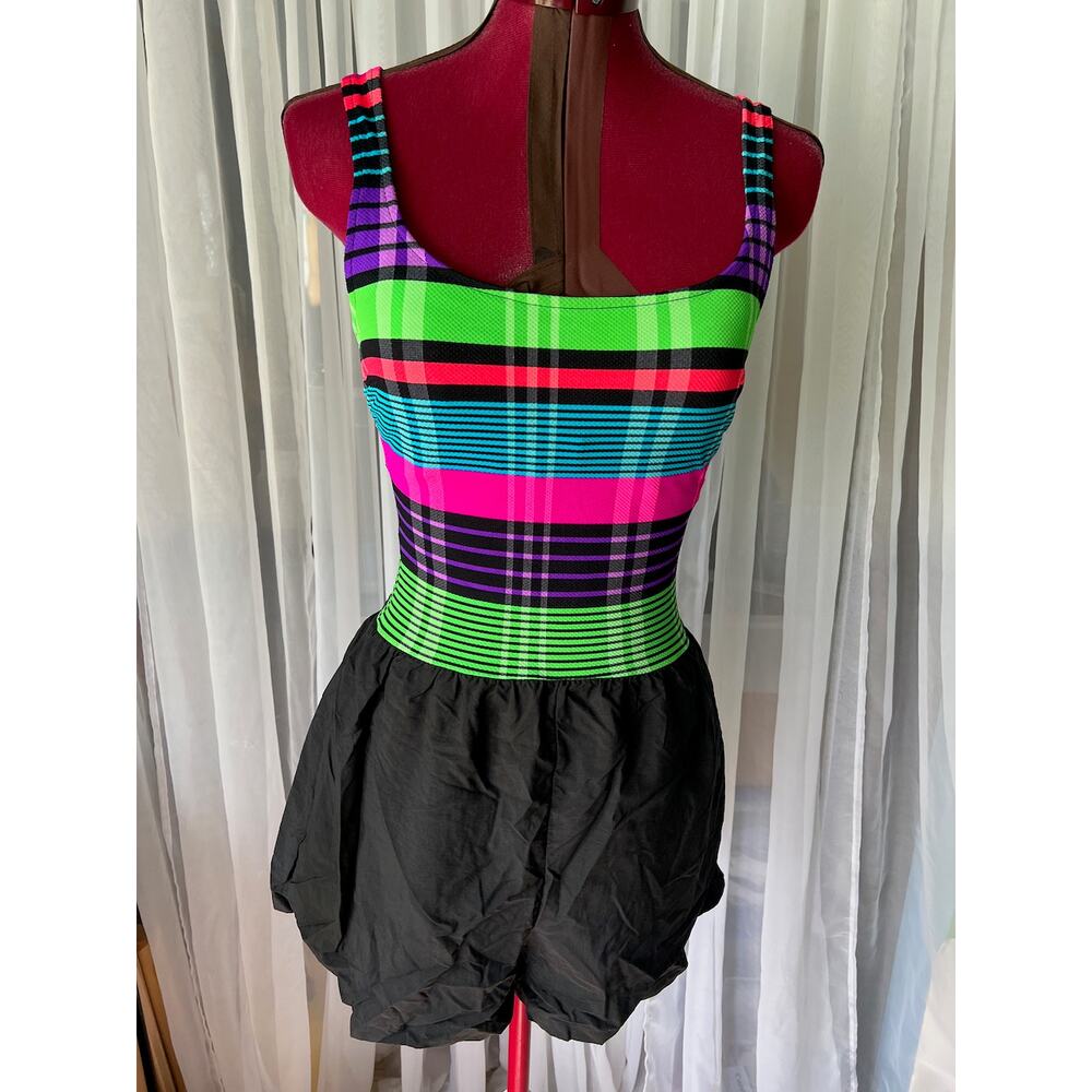 swimsuit one piece striped Vintage 1990s shorts hot pink blue green